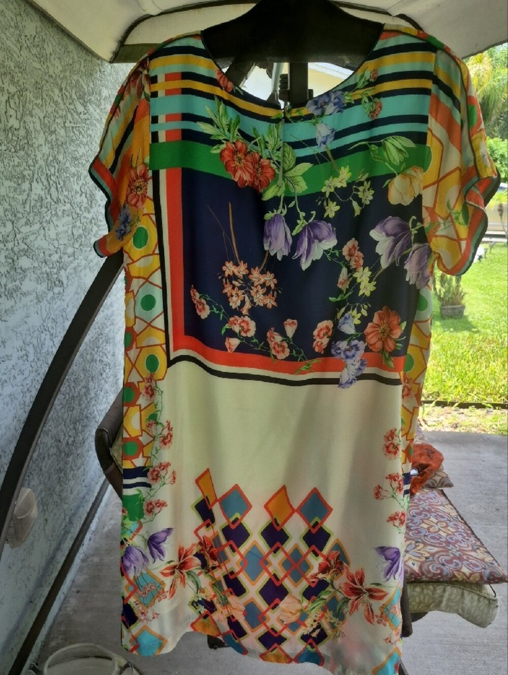 Johnny Was Multicolor Floral Colorblock Dress- Turquoise/Green/Coral - Picture 3 of 6